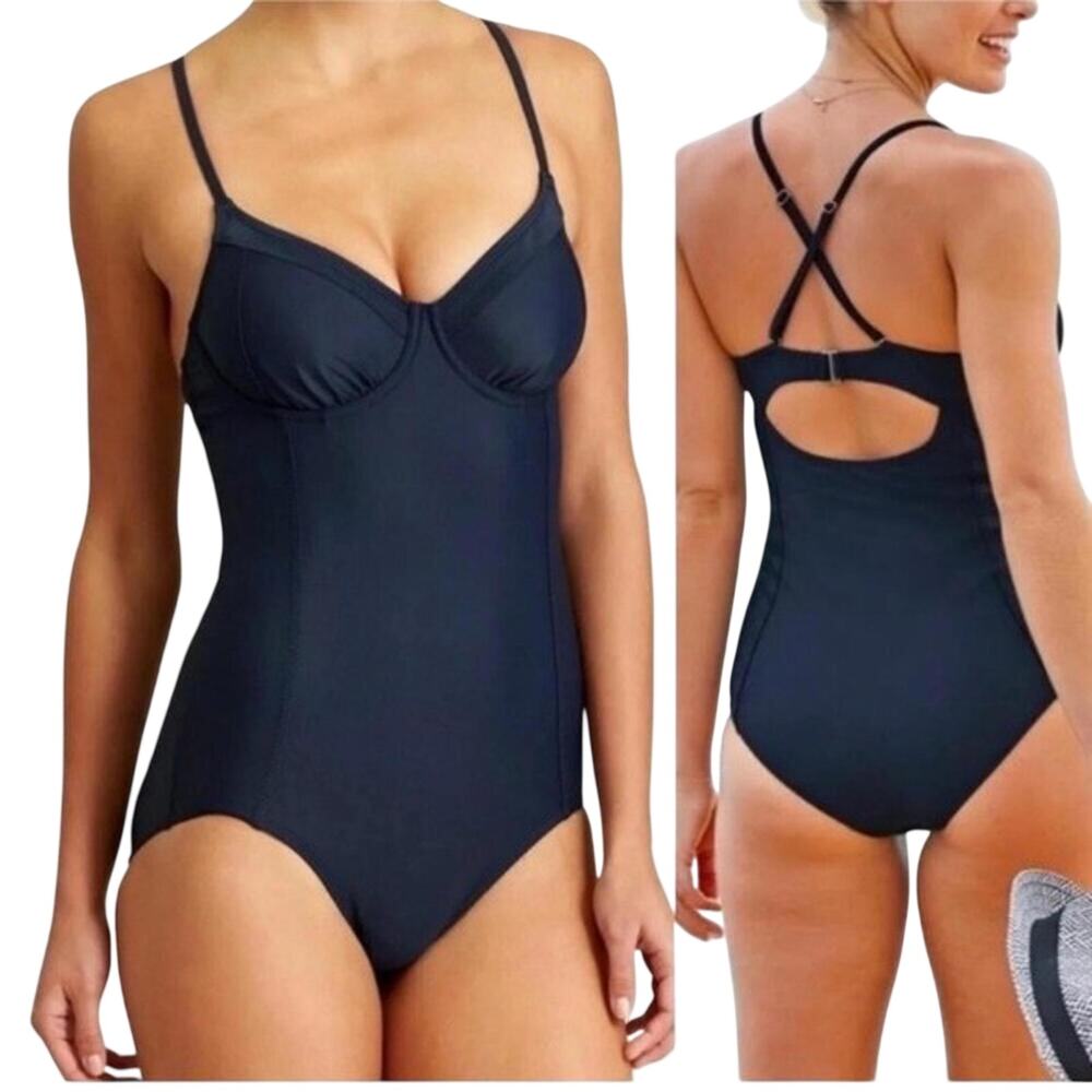 ATHLETA Navy Blue Underwire Classic One Piece Swimsuit Cross Strap Surf Beach